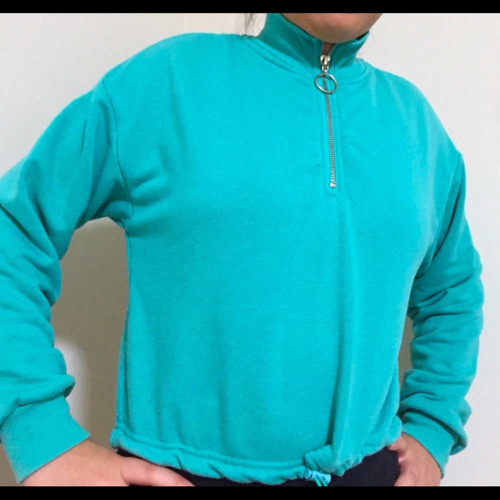 crop sweater shiny blue/green with zipper turtleneck